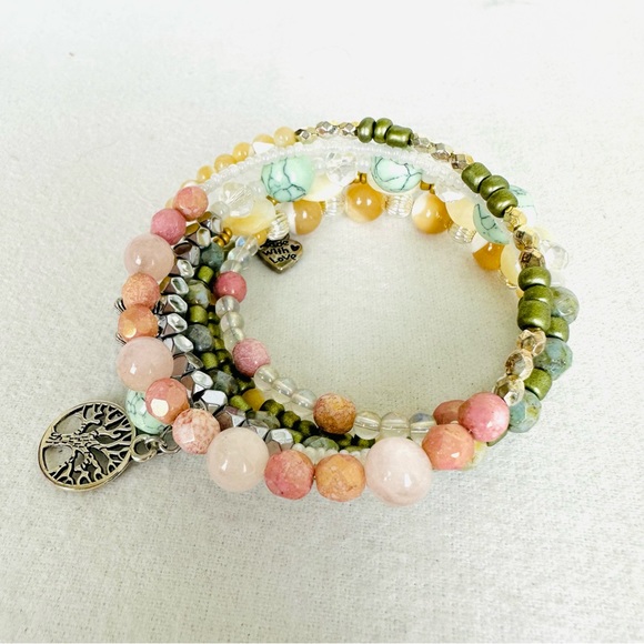 HANDMADE Memory wire Beaded Bracelet and Earring Set Sterling Silver Earwires - Picture 6 of 10